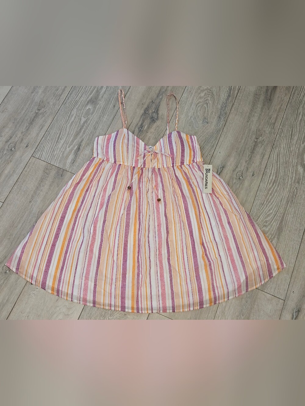 No Boundaries Cami A-Line Dress L (12-14) Winter White Striped Tie Front NWT